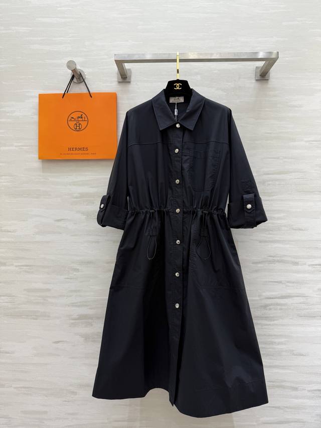 Herme2's new early autumn shirt collar waist dress with double-sided drawstring