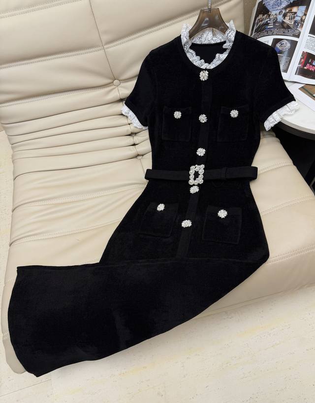 2025 Latest early fall French Hepburn-style, diamond lace, imported knitted velv