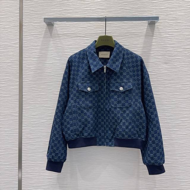 Gucc* 2025Fw new Gg jacquard denim jacket, chest fitted pocket design, ribbed cu