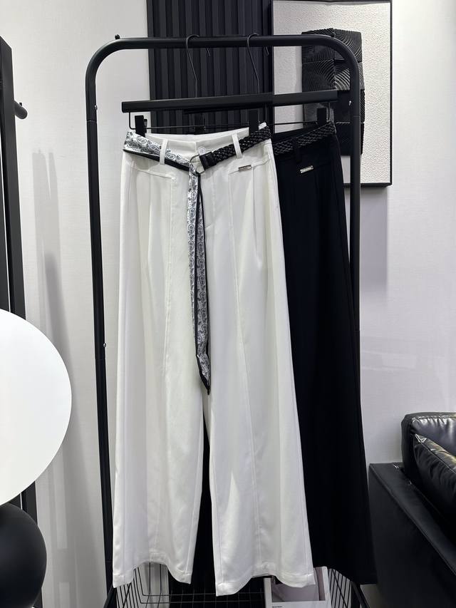 Qoy-New belt splicing silk scarf high waist wide leg pants left front metal smal