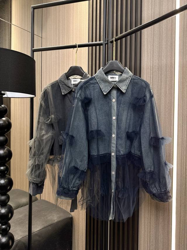Mm6 2025 autumn and winter hit! Super beautiful long mesh splicing denim jacket