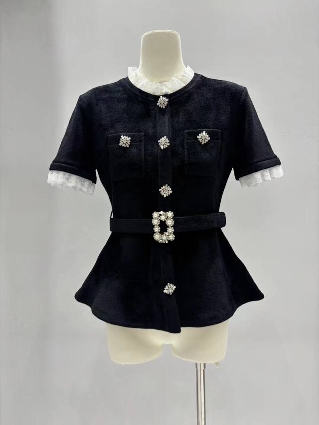 2025 autumn and winter new style collar cuffs lace diamond button velvet top fas