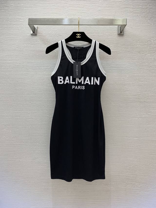 Balmai* New Logo Printed Ribbed Cotton Stretch Slim Fit Tank Dress! Black, Size