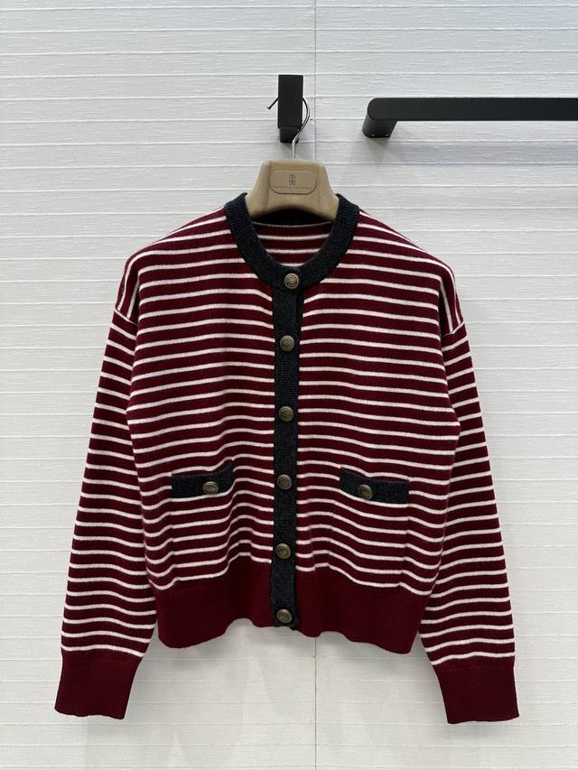 Exclusive debut of BC's new red and gray striped cashmere knit cardigan. Minima