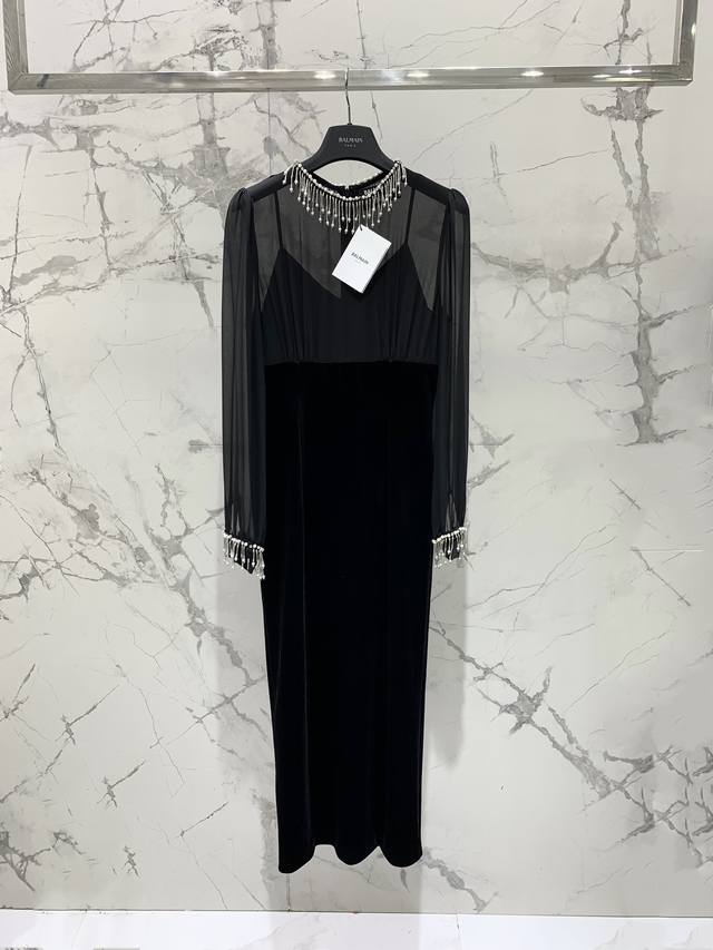 Balmain 25 new dress Heavy-duty rhinestone velvet dress Georgette fabric design