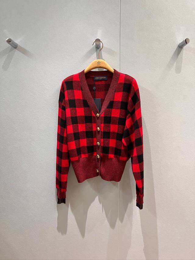 New retro red and black plaid V-neck knitted cardigan jacket with open mold and