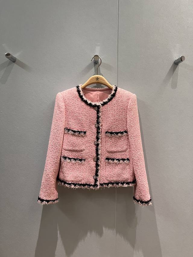 New braided tassel edge decoration pink tweed jacket open mold double C button