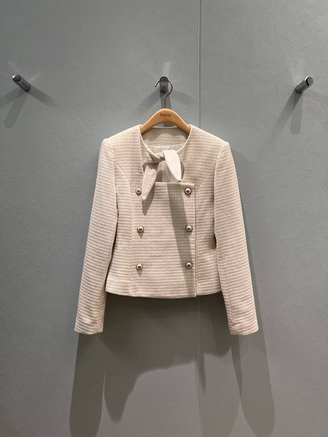 New French hollow knotted lace-up double-breasted jacket with tweed fabric and
