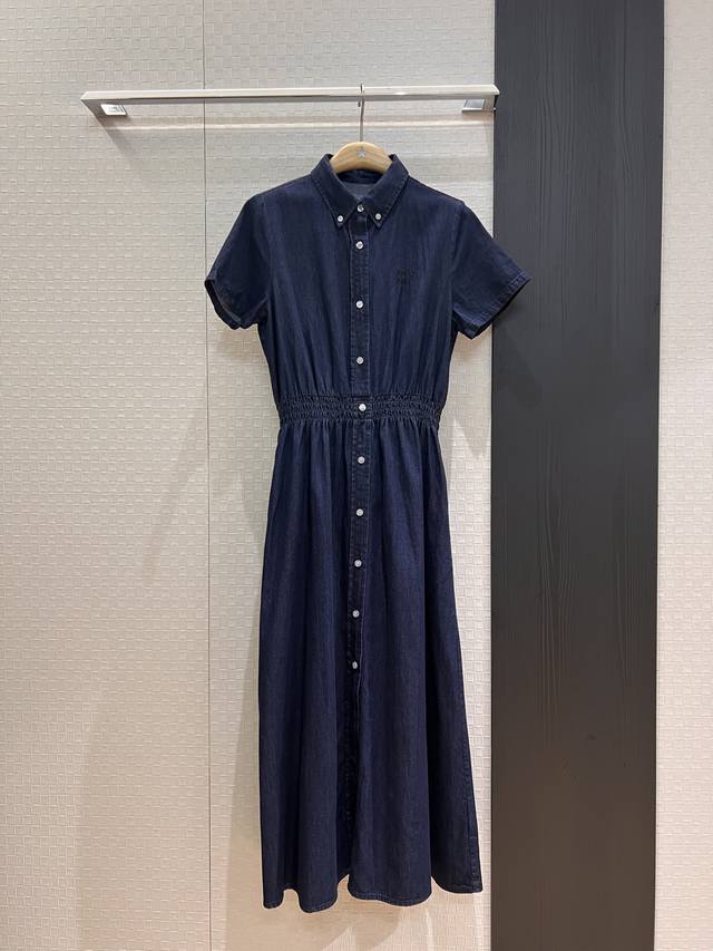 New recommended embroidered logo letter lapel denim button-down dress with elas