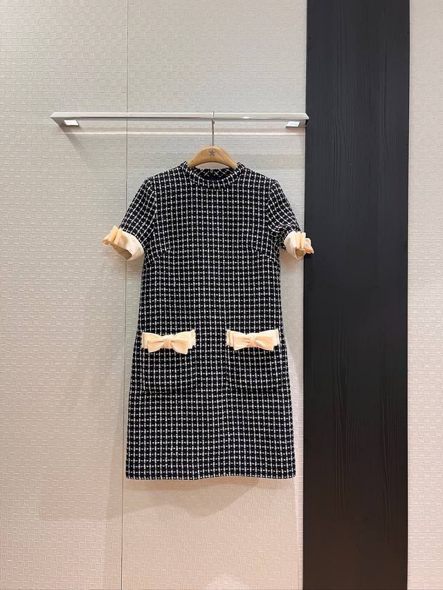 New star style stand-up collar bow decoration small plaid wool dress A-line ver