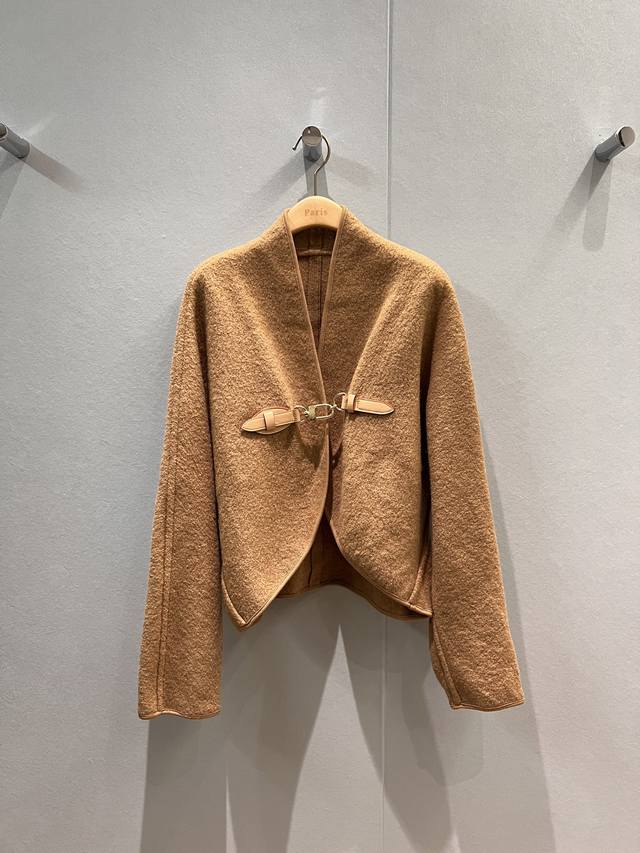 New stand-up collar leather buckle decorated woolen cape coat open mold belt de