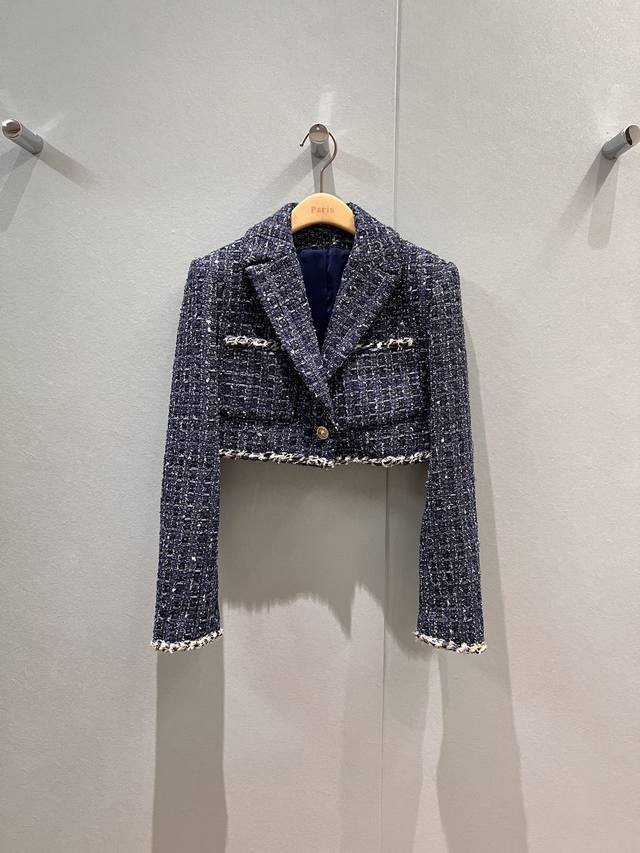 New 25B Show model Zhou Xun same style blue woven tweed short jacket hand-woven