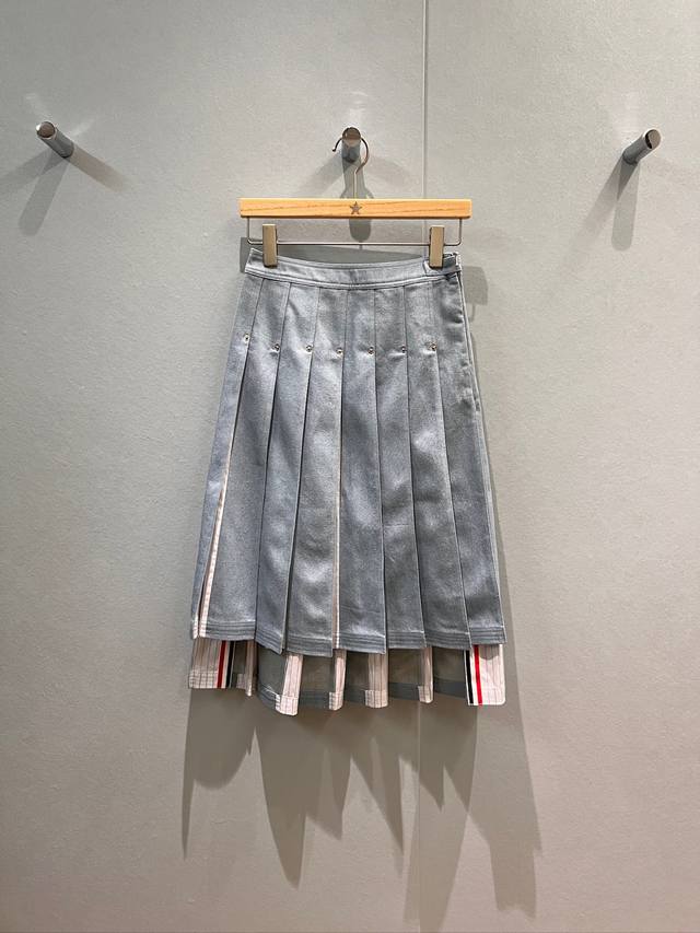 New arrival denim light blue series striped patchwork denim pleated skirt skirt