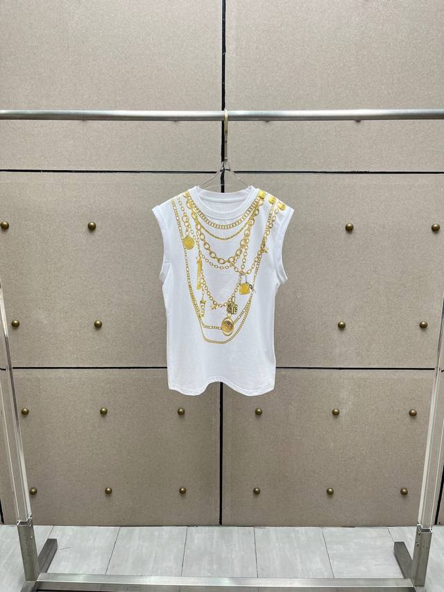 Printed shoulder button sleeveless T-shirt! Cotton Sml DDD