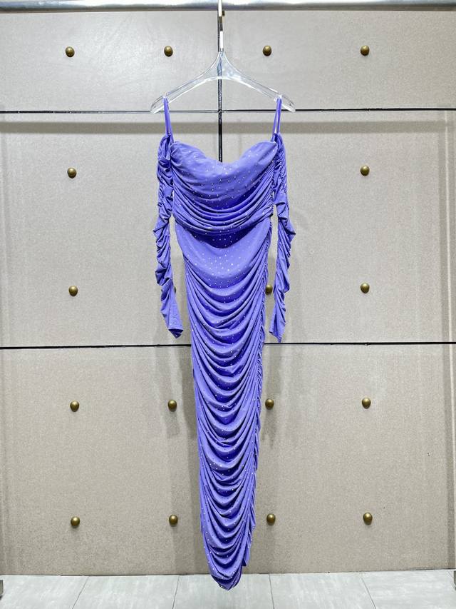 Alex Err*Diamond pleated off-the-shoulder dress! Detachable sleeves, heavy hot-s