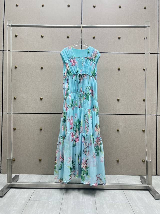 Printed lace-up pleated long skirt! Chiffon fabric Sml DDD