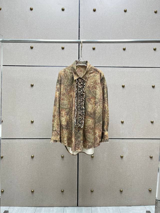 Printed corduroy ruffle shirt! Cotton reactive printing washed and distressed,