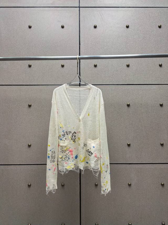 Graffiti print ripped linen knitted cardigan! Linen Sml DDD