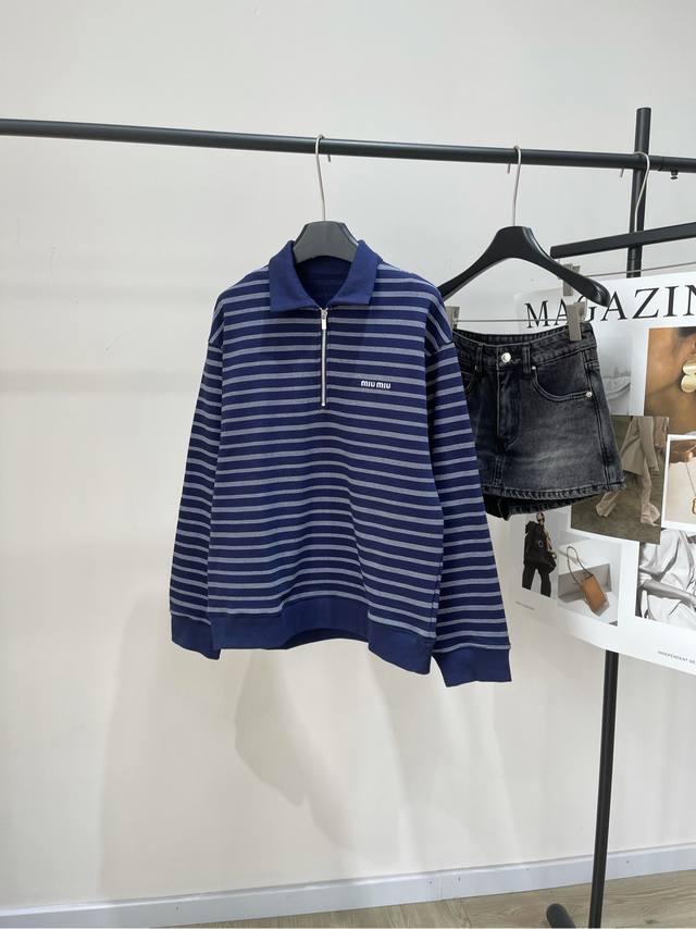 M Navy Blue Striped Half-Zip Polo Sweatshirt DDD, Fabric: Knitted Terry Cotton C