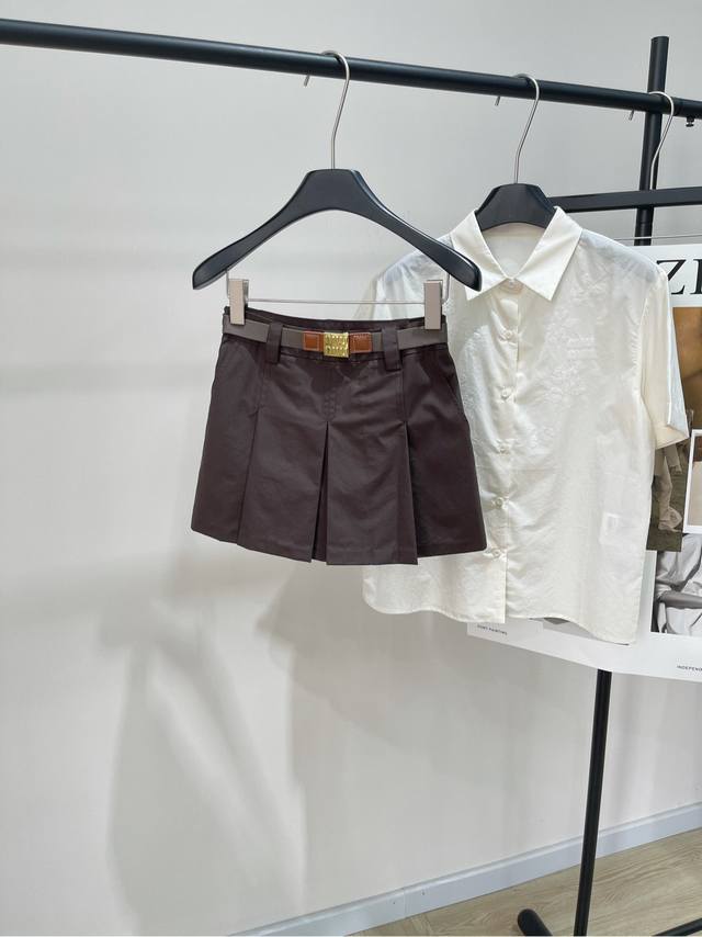 M Cocoa Brown Belt Pleated Short Skirt DDD, Fabric: Worsted Cotton Blend Color: