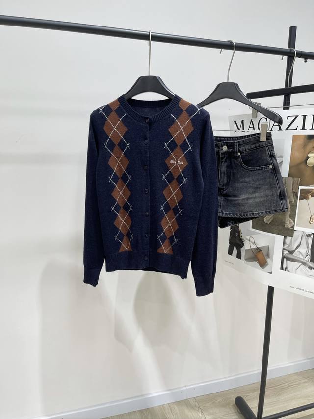 M Navy blue diamond single-breasted long-sleeved cardigan DDD, fabric: wool and