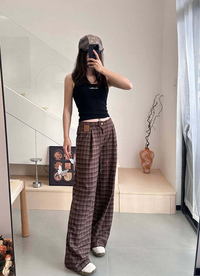 25 Plaid wide-leg pants women's autumn high waist drape straight casual pants lo