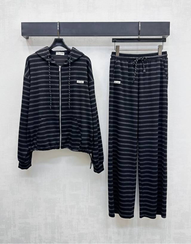 Miumi*2025 new arrivals: striped hooded jacket and trousers set, custom-made wit