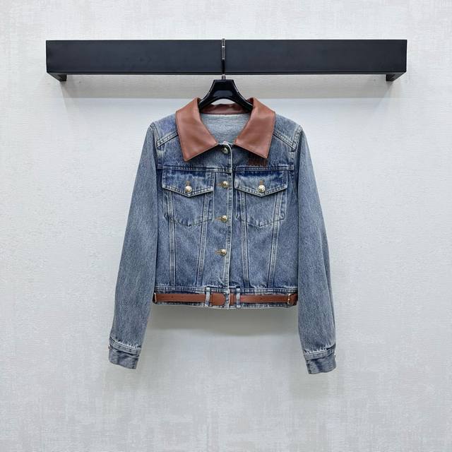 Miumi*2025 new arrivals: custom-made leather-patchwork denim jacket made from im