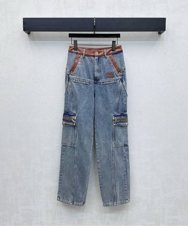 Miumi*2025 new arrivals: custom-made leather-trimmed denim trousers made from im