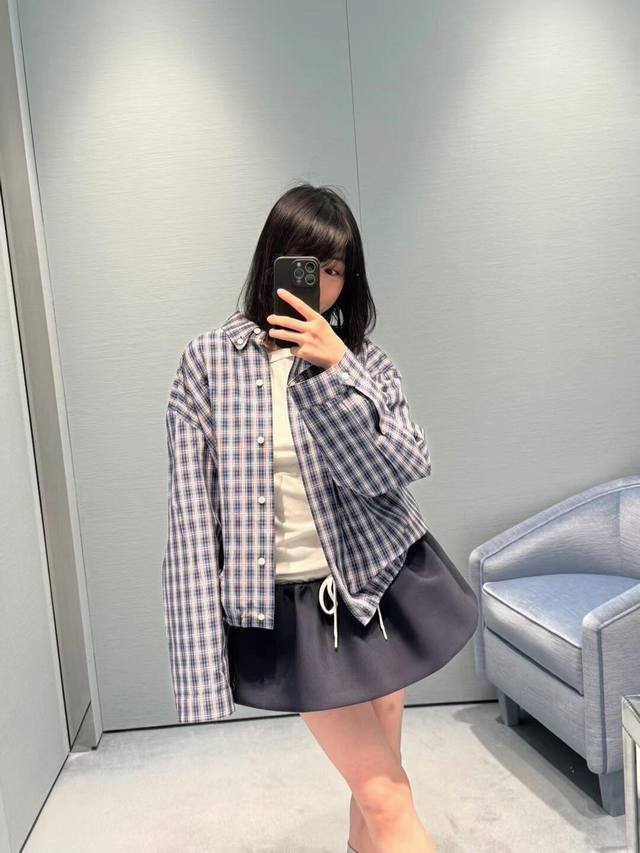 Miumi* 25Ss Spring/Summer new checkered jacket with micro-logo appliqu