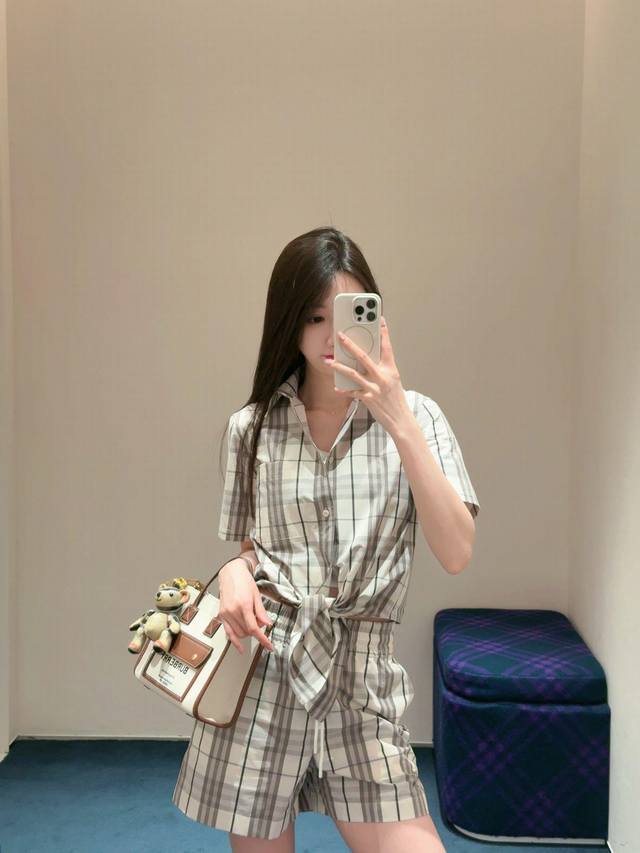 Burber*Y 25Ss Spring/Summer new checkered lapel short-sleeved shirt and elastic