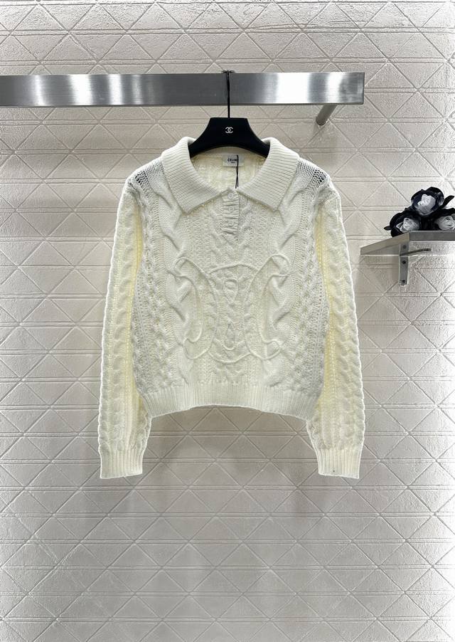 Celin* 2025 New Arrivals: Crochet Arc de Triomphe Lapel Knit Top. Made of custom