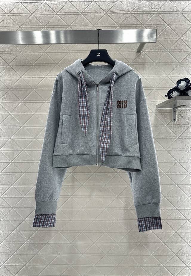 Miumi* 2025 New Arrival: Plaid Spliced Hooded Jacket and Short Skirt Set. Made o