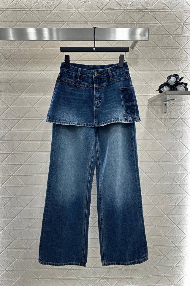 Loew* 2025 New Arrival Fake Two-Piece Skirted Denim Pants. Made of custom Yb twi