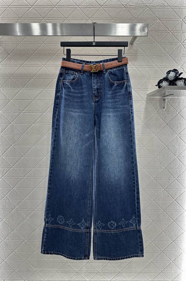 Louis Vuitto* 2025 New Arrivals: Straight-Leg Logo Denim Trousers with a Belt. C