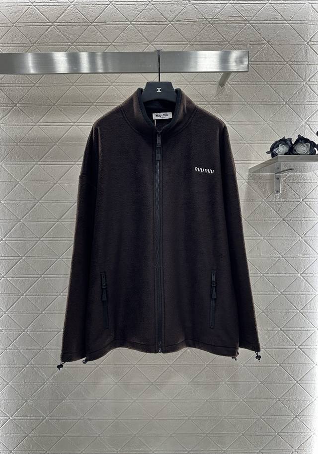 Miumi* 2025 New Arrivals: Polar Fleece Stand-Up Collar Contrast Zipper Jacket. C