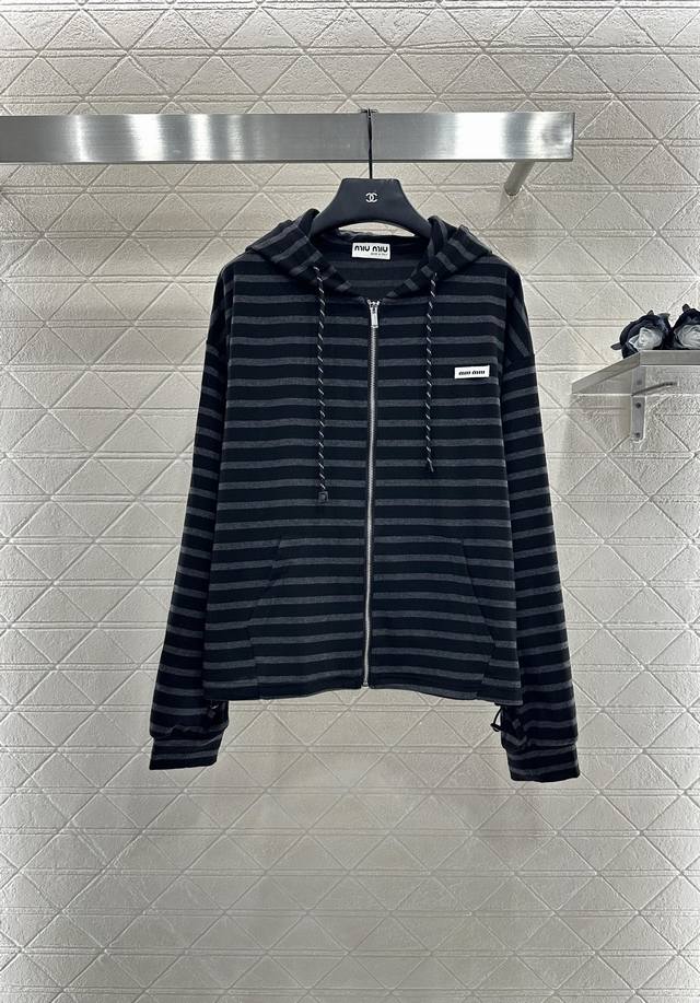 Miumi* 2025 New Arrivals: Hooded Striped Jacket and Pants Set. Made from importe