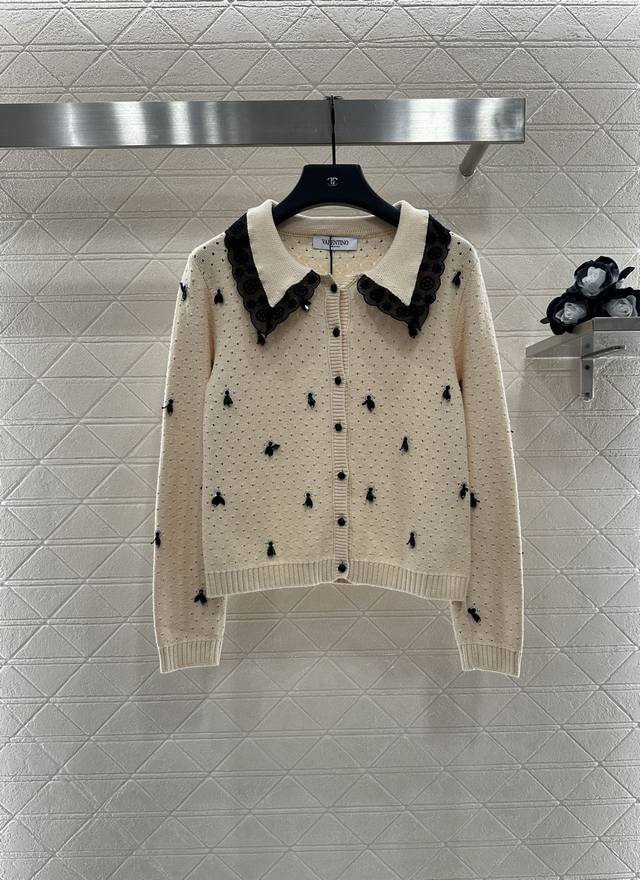 Valentin* 2025 New Arrivals: Lapel Beaded Knit Cardigan. Custom-made Yb wool yar
