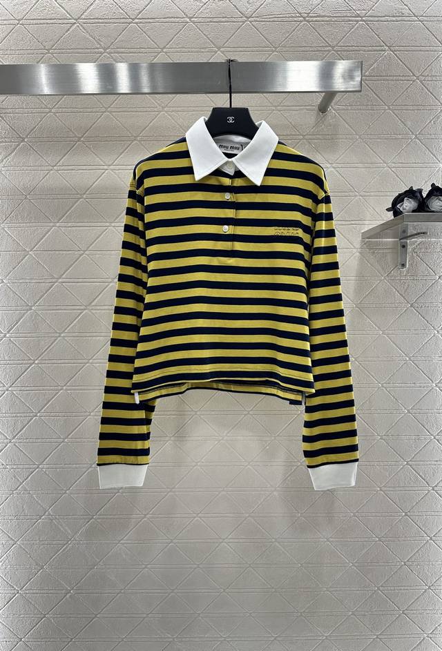 Miumi* 2025 New Arrivals: Lapel Contrast Striped Top. Custom-made from Yb virgin