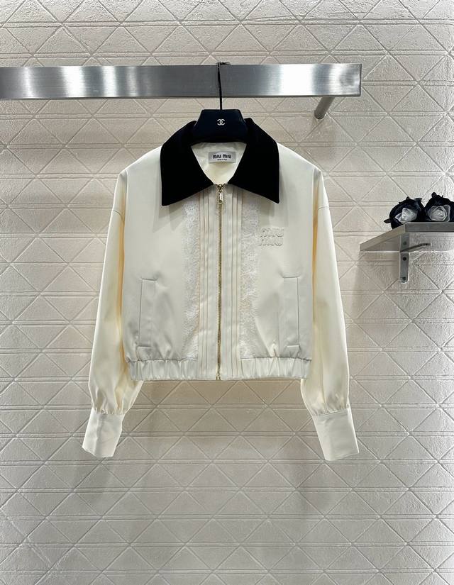 Miumi* 2025 New Arrivals: Contrast Lace Lapel Jacket. Made from custom Yb twill