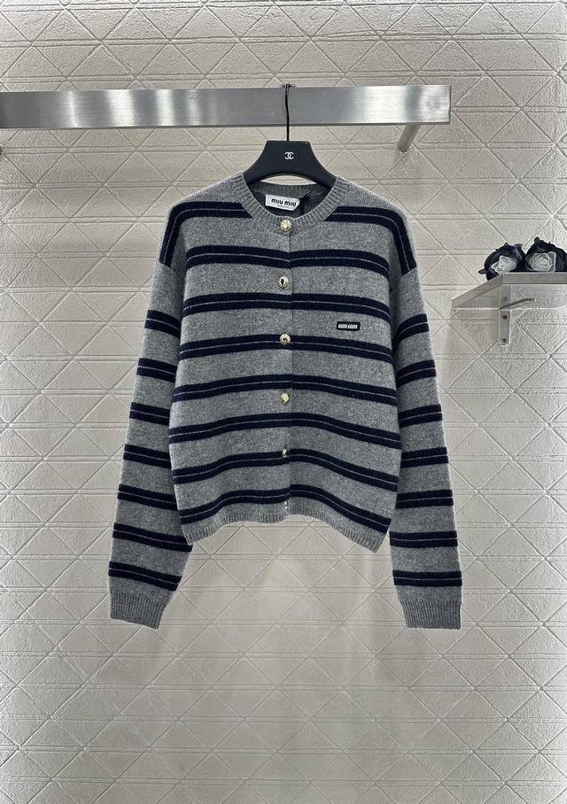 Miumi* 2025 New Arrival Striped Knit Long-Sleeved Cardigan Custom-made Yb cashme