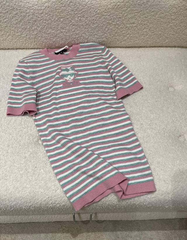 Sizes: 36 38 40 Chane* Cartoon Jacquard Pink Striped Cashmere Knit Short Sleeves