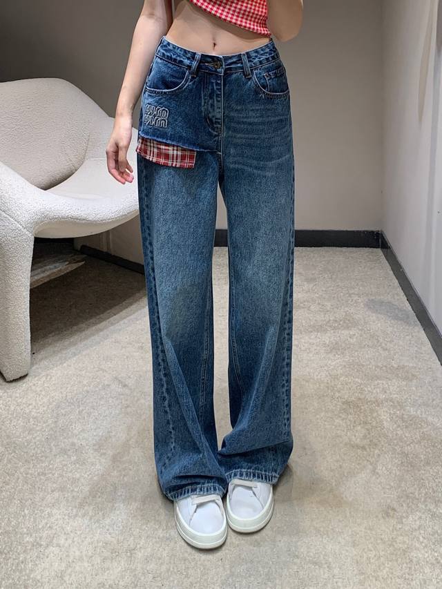 Miumi* 25Fw Early Fall New Letter Applique and Plaid Pocket Jeans | Exclusive Hi