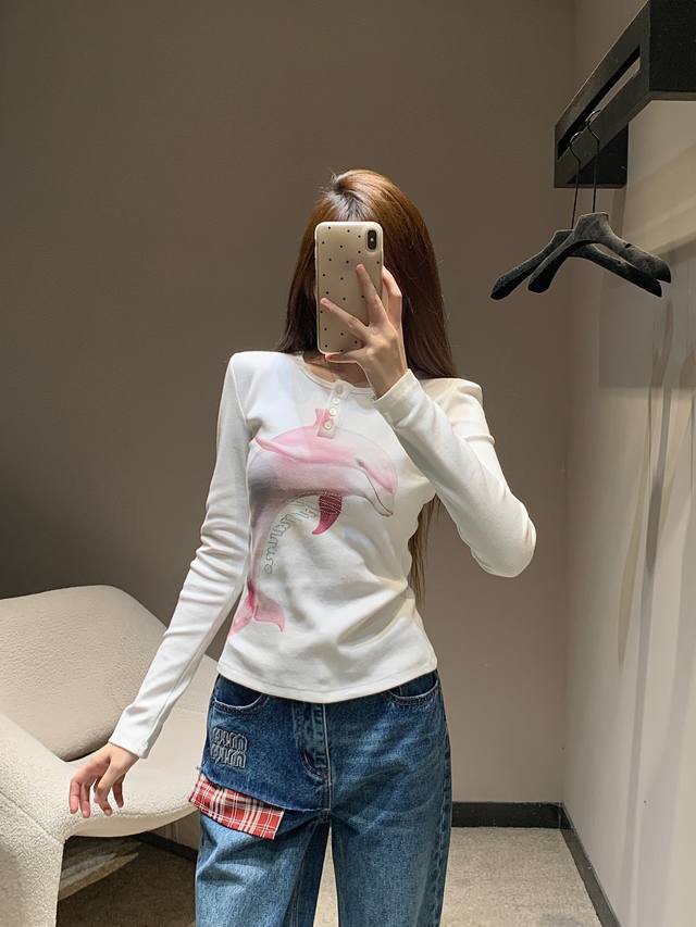 Blumar*Ne 25Fw Early Fall New Dolphin Print Rhinestone Threaded Long-Sleeve T-sh