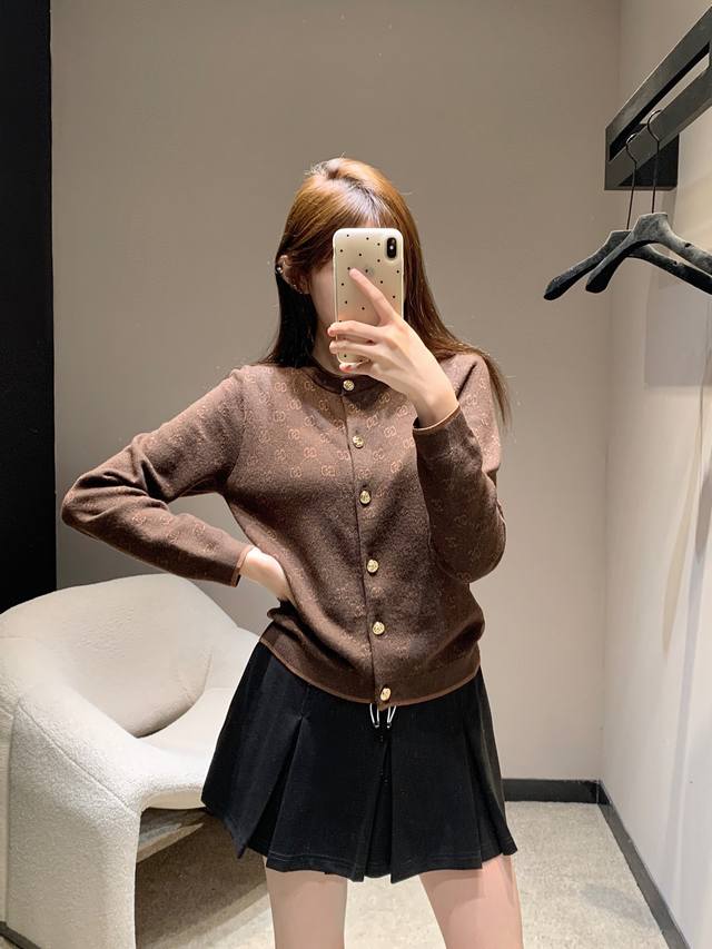 Gucc* 25Fw Early Fall New Brown Monogram Round Neck Knit Cardigan | Exclusive Hi