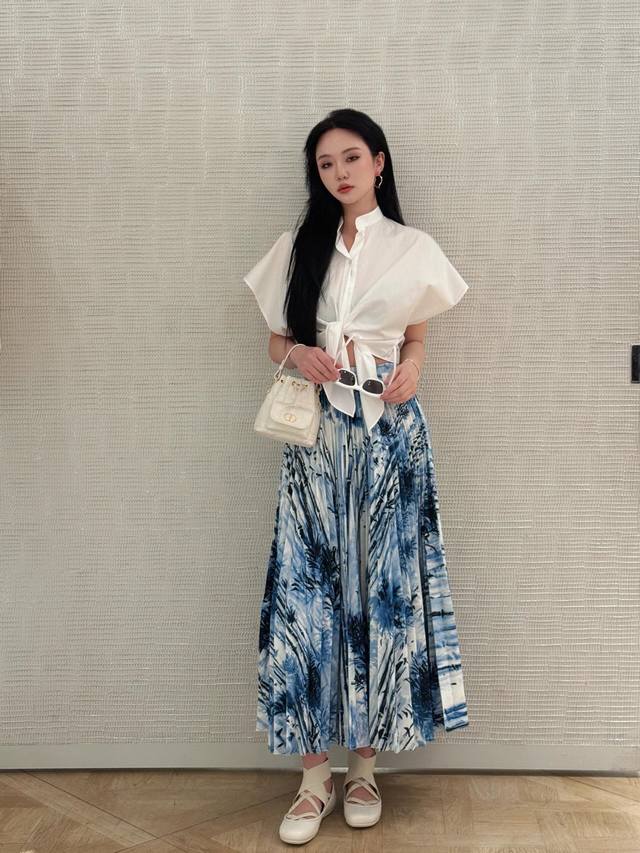 Dio* 25Ss Spring/Summer new coconut palm blue pleated skirt | Exclusive high-top