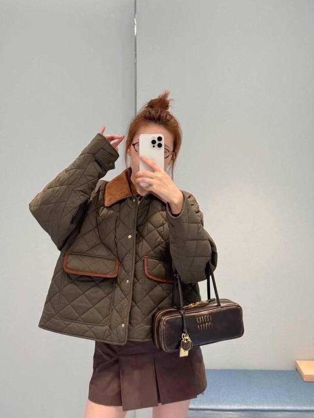 Miumi* 25Fw Early Fall New Military Green Diamond-Patterned Quilted Jacket | Exc