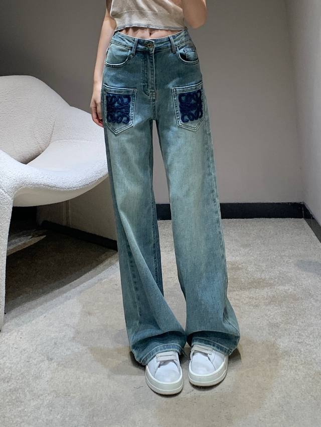 Loew* 25Fw Early Fall new pocket embroidered stretch denim straight-leg pants |