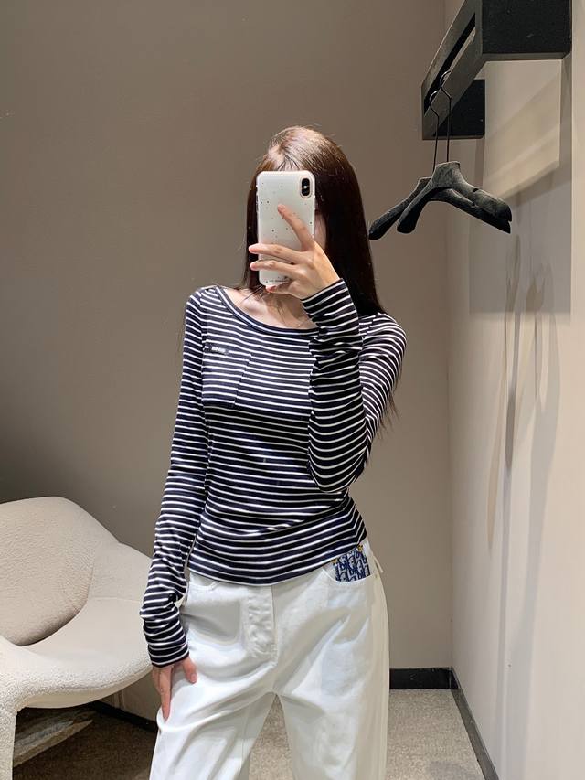 Miumi* 25Fw Early Fall New Off-Shoulder Tencel Wool Striped Bottoming Shirt | Ex