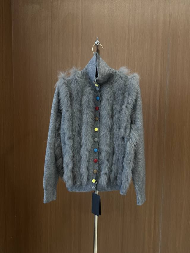 Fend *New arrival for fall! fox fur knitted cardigan with colorful buttons. Supe